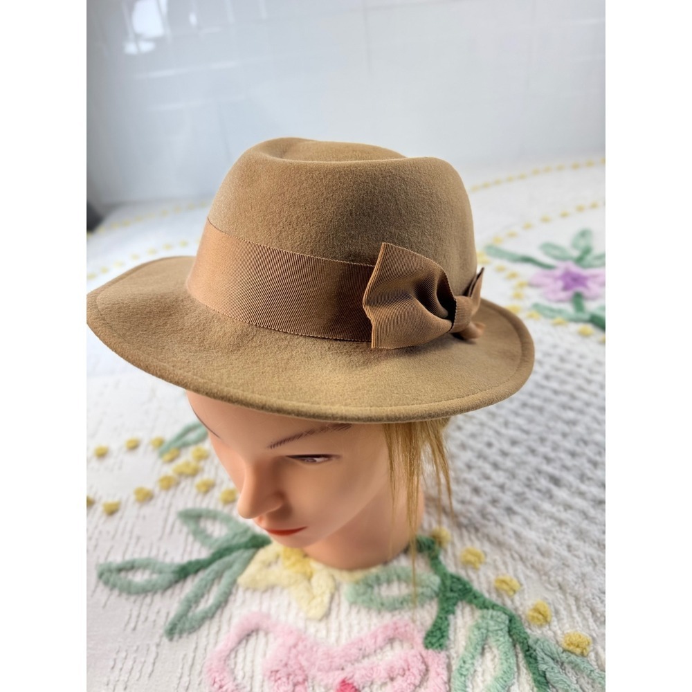 Doeskin Felt Fedora Hat Taupe 100% Wool‎ Bow Accent Made in USA Women's